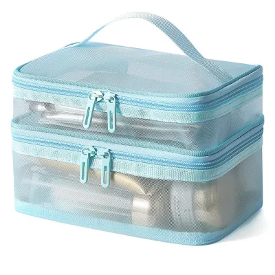 Custom logo Portable Double Deck Cosmetic Makeup Organizer Bag Nylon Mesh Double-layer Compartmentalized Toiletries Storage Bags