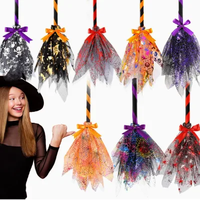 Halloween Foil Mesh Broom DIY Detachable Ghost Festival Kids Cosplay Costume Glowing Witch Broom