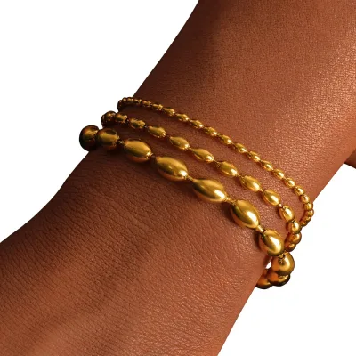 Women's Canton-style Minimalist Cool-girl Chic Rice-bead Bracelet 18K Gold-plated Stainless Steel Dainty