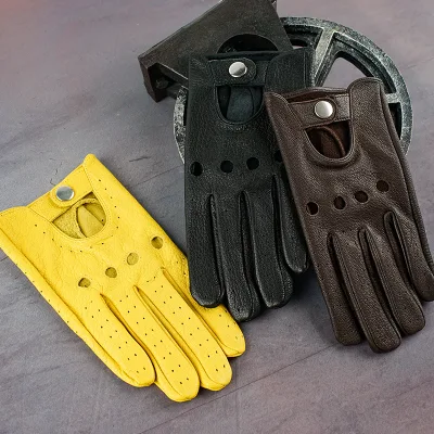 Fashion Black Brown Yellow Unlined Full Finger Driving Motorcycle Riding Genuine Deerskin Leather Gloves for Men