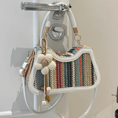 Niche Versatile Woven Straw Saddle Bag Women Instagram-Popular Contrasting-Color Crossbody Shoulder Bag Colorful Striped Trendy