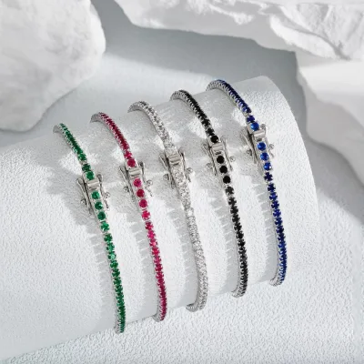 Unisex 2mm 925 Sterling Silver Single Row 5A Cubic Zircon Bracelet Men's and Women's Hip Hop Full Row Diamond Tennis Bracelet