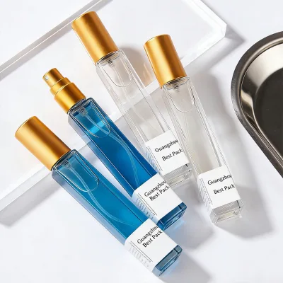 Wholesale 30ml 50ml 100ml Rectangular Square  Crimp Sprayer Fragrance Glass Perfume Bottle With Golden Cap 1oz