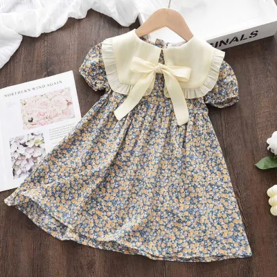 HANOU Bubble Sleeve Waist Princess Skirt Lapel Floral Summer Party Dress Baby Fashion Teenage Girls Clothing Hot Sale