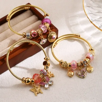 Fashion Pink Crystal 18k Gold Plated Zircon Key Stainless Steel Adjustable Bead Charm Trendy Anniversary Bracelet Children's