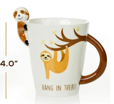 Sloth Mug & Coaster Set - Unique Hand Painted Novelty 3D Ceramic Sloth Coffee Mugs