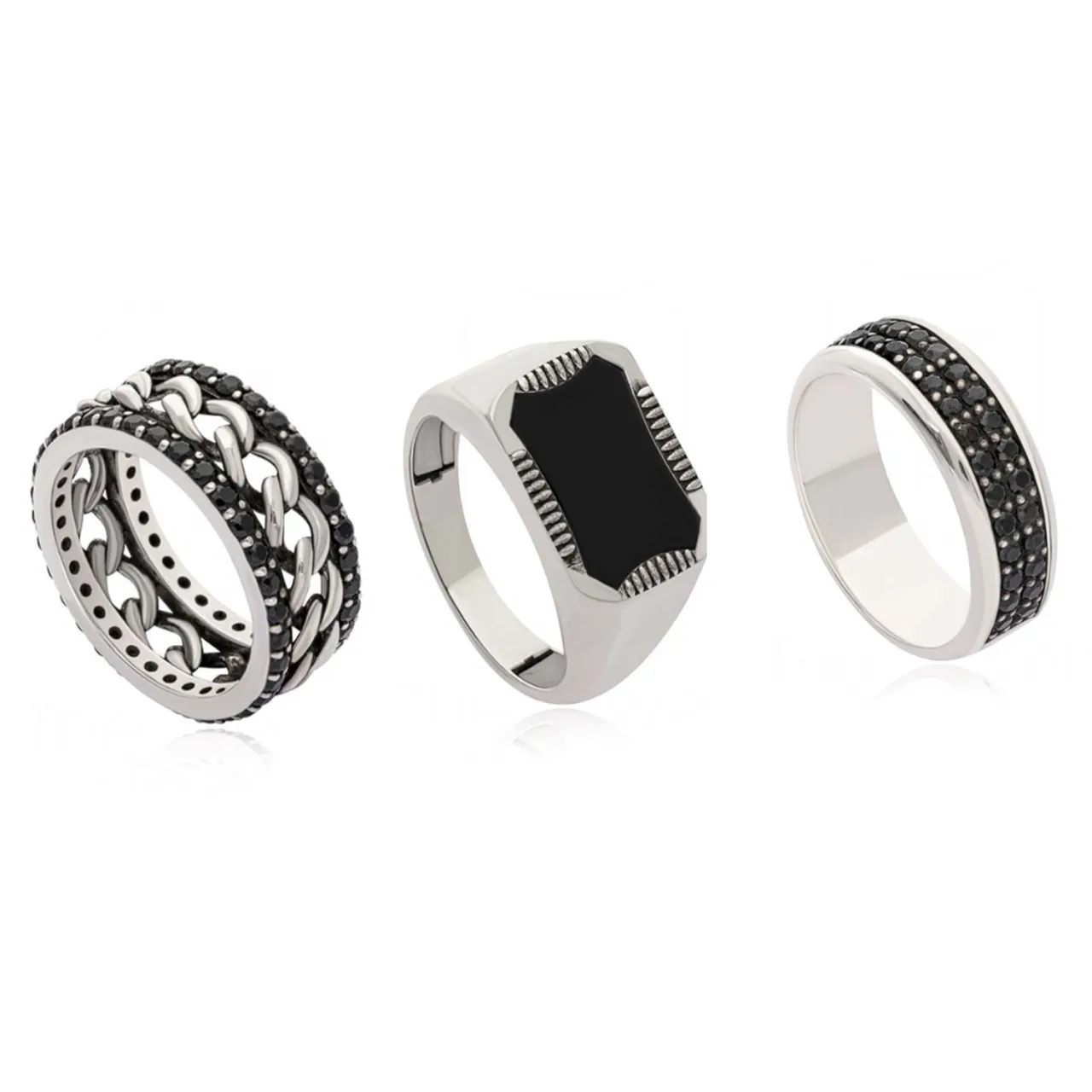 Gemnel 925 Silver Black Onyx Signet Ring Cuban Link Ring Hip Hop Punk Black Zirconia Pavé Band Ring Men's Jewelry