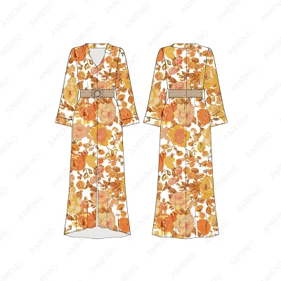 Fashion Printed Floral Waist-Controlled A-Line With Belt Long Sleeve Maxi Dress Elegant