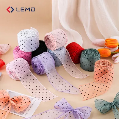 6cm Double Face Organza Flocked Polka Dot Fishtail Ribbon Bow Hair Accessory DIY Headband Webbing