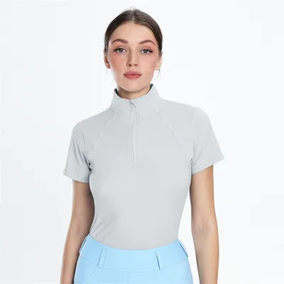 Factory New Design Horse Riding Clothing High Elastic Quick Dry Skin Friendly Equestrian Short Sleeve Baselayer with Zipper