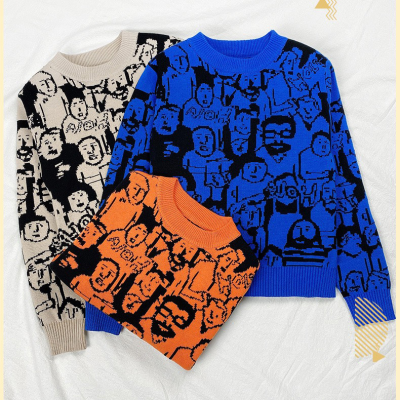 Accept Small Order Ladies Knitted Crew Neck Jacquard Cartoon Pattern Custom Jumpers