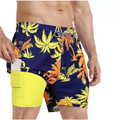 Men Printing Boardshorts Swim Trunks Double-layer Anti-Glare Beach Pants Beach Casual Sports Swimming Ice Dry Breathable Shorts