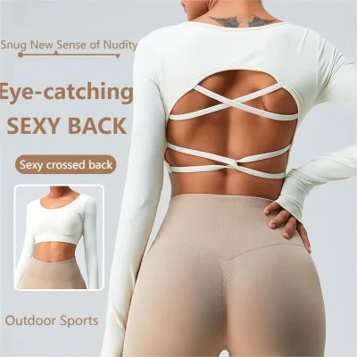 New Custom t Shirt Quick Dry Seamless Long Sleeve Yoga Girls T-shirts Women's Cross Back Yoga Top Running Sports Women T-shirt