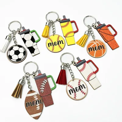 New Sports Softball Soccer Baseball Print Wooden Keychain Letters MOM Tumbler Pendant Keychain for Mother Gift
