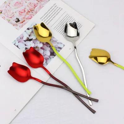 Stainless Steel Tulip Flower Shaped Coffee Spoon Long Handle Tea Dessert Stirring Spoon Gold Red Silver 4 Colors Gift