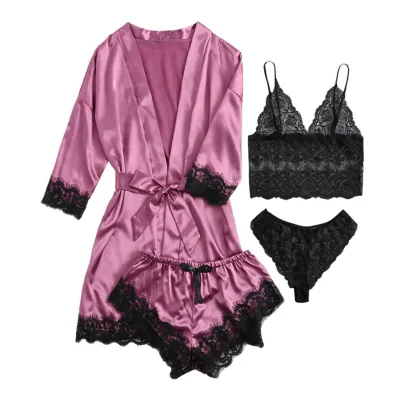 Women Pyjamas With Chest Pads Sexy Lace Female Pajamas Sets 4 Pieces Pajama Mujer Home Clothes Fashion Sleepwear