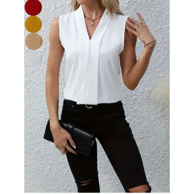 2026 European and American Women's Wear Pure Color Elegant Temperament Sleeveless Vest V-neck Shirt