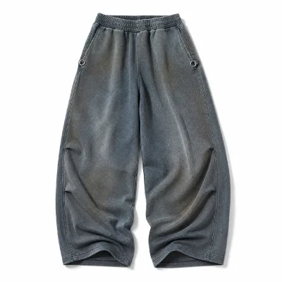 Charcoal Grey Elastic Waist Denim Trousers with Side Pockets Metal Ring Accents Aged Fading and Sculpted Leg Folds