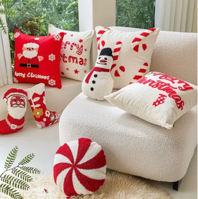Sofa Decorative Embroidered Cushion Cover Christmas Embroidery Pillow Case Santa Hat Tufting Throw Pillow Cover