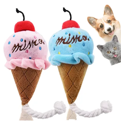 Wholesale Eco-Friendly Cotton Interactive Plush Birthday Dog Squeaky Toy Pink & Blue Mini Ice Cream Shape