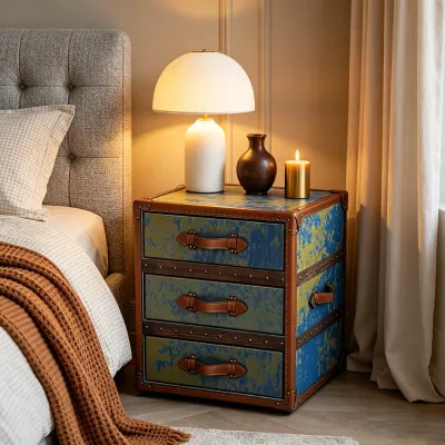 Vintage Luxury Nightstand Metal Brass Wire Top Grain Leather with 3 Drawers Storage for Bedroom Bed Side Table Trunk case