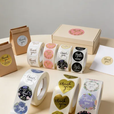 Wholesale Multiple Styles Waterproof Self-Adhesive Thank You Label Roll for Small Business Packaging