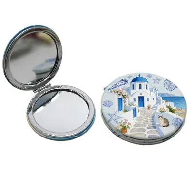Custom Design Printing Pu Leather Mini Makeup Mirror Santorini Greek Mirror Greece Souvenir Pocket Mirror