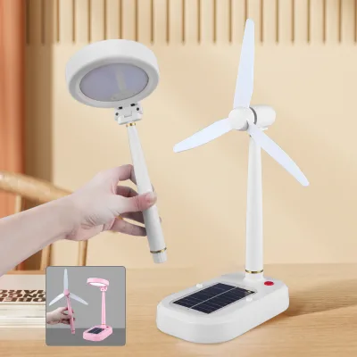 Dingdian LED Solar&USB Charging Desk Study Lamp 2-in-one Led Rechargeable White/pink Table Lamp with Solar Fan