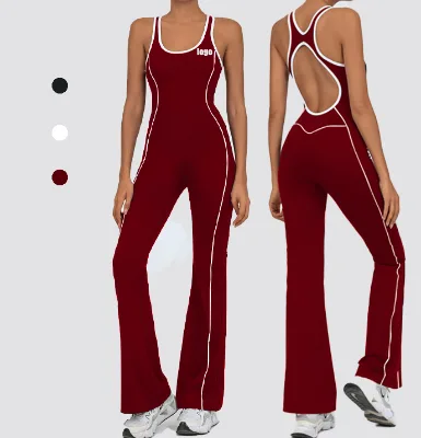 Flare Hollow Out Backless Yoga Jumpsuit Color Blocking U Neck Gym Fitness Bodysuit Contrast Blinding Yoga Jumpsuit
