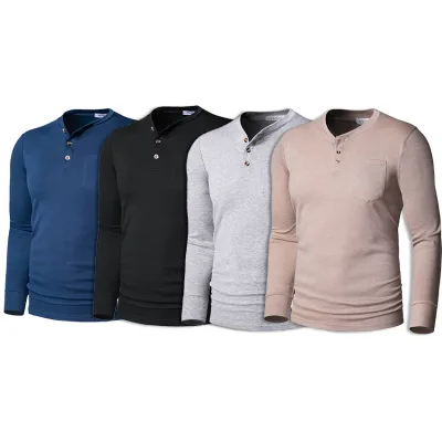 New Arrival Men Casual Breathable Henley Collar Full Sleeve Slim Fit Pocket Casual Shirts Polo Tee Shirt Hot Sale Custom