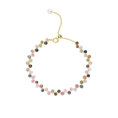 Natural Colorful Tourmaline Gemstone Clear Round Beads Crystal Bracelet With Adjustable Chain Birthday Gift for Women