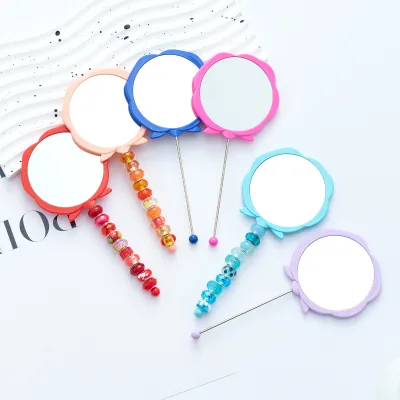 New DIY Beaded Rose Flower Mirror Portable for Handheld Use Traveling Makeup Remover and Makeup Retouching Mirror