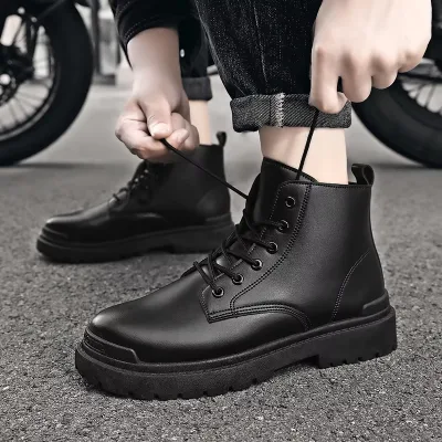 2024 Factory Wholesale Cheap Leather Ankle Boots Black Lace up Casual Boots for Men Shoes