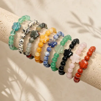 Wholesale Natural Crystal Beaded Stretch Bracelet with Carved Gemstone Flower Bead Rose Quartz Green Aventurine Obsidian Bulk