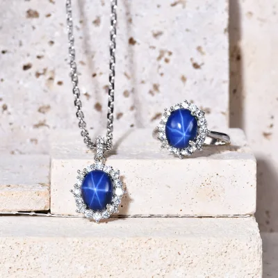 A3801 Abiding White CZ Halo Design Solid 925 Silver Lab Grown Star Sapphire Cluster Setting Halo Ring Necklace Jewelry Set
