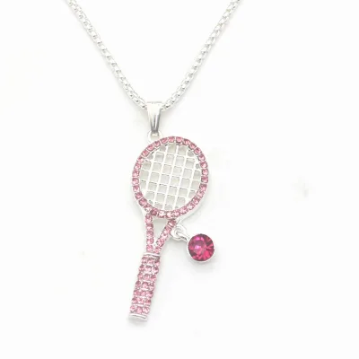 Gorgeous Pink Crystal Tennis Racket Pendant Necklace Sport Theme Crystal Necklace