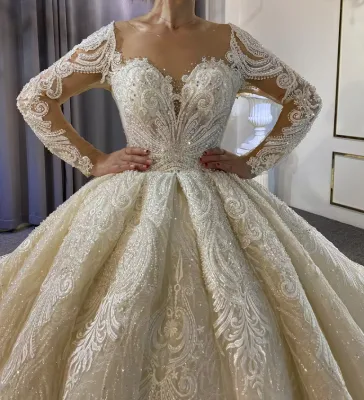 NDA10054 Custom Luxury Hollow Out Long Sleeve Rhinestone Beaded Sequin Mesh Bride Gowns Wedding Dress Sweet Heart Bridal Dress