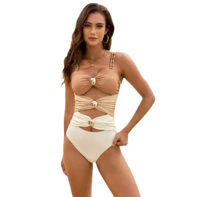 2025 New High Waist Solid Color Patchwork Hot-Selling Metal Buckle One-Piece Swimsuit Swimwear Women