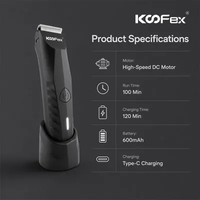 KooFex KF-7639 Household Men's Body Hair Trimmer IPX7 Waterproof Ceramic Blade 2 Hour Use Cordless Hair Remover