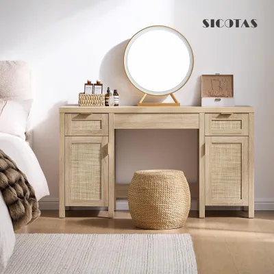 Rattan Vanity Desk with Storage,Makeup Dressing Table with 3 Drawers & 2 Cabinets, Wooden Home Office Desk for Bedroom,...