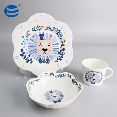 New Bone China Kids Dinnerware 3-Piece Set Cartoon Lion Flower Shaped BPA Free Microwave Safe Children's Tableware