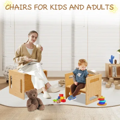 Wood Modern 3 Age Kids Table and Chairs with Blackboard & 3 Heights Adjustable for Kitchen Eating & Drawing & Reading
