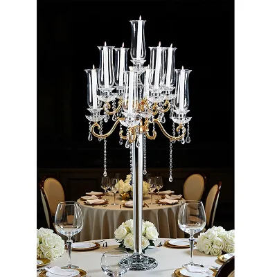 Golden Big Wedding Valentine's Day 9-Light Crystal GlassHurricane Candelabra Candleholder with Handmade European Style