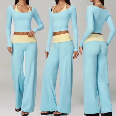 Custom Halter Long Sleeve Tank Top Fold Over Yoga Leggings Wide Leg Pants 2 Piece Color Blocking Pilates Yoga Sets Fitness