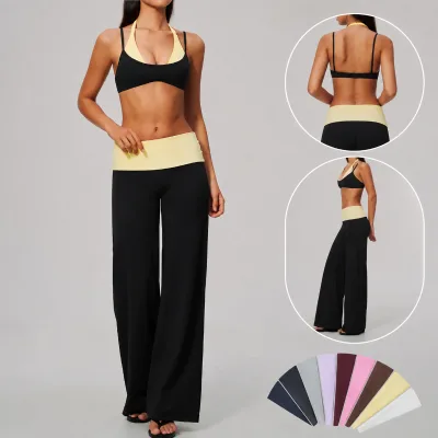 Women Stitched Yoga Set Colorblock Halter Sports Bra High Waist Wide Leg Pants Gym Workout Fitness Activewear Custom Logo