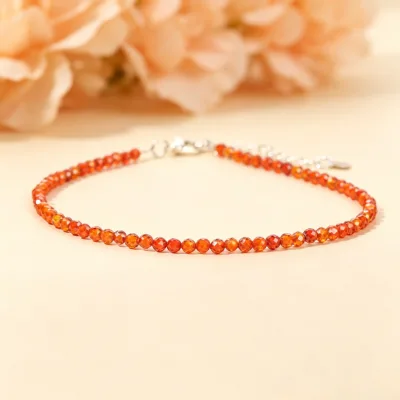 TeoWaki Light Red Faceted Zircon Anklet, Main Chain with Extension Tail Chain, Silvery Heart Charm Dainty Beaded Foot Jewelry