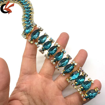 Eye Shape Acrylic Teal Color Rhinestone Chain Trimming Gold Base Rhinestone Beaded Trimming