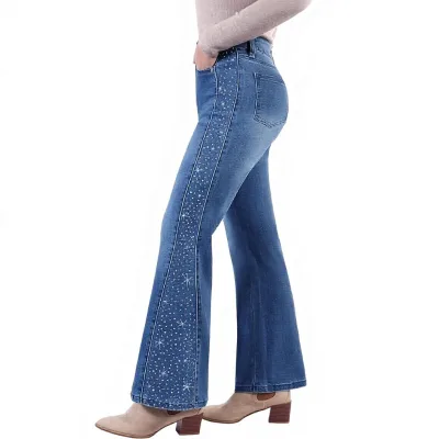 ZY Custom Vintage Bell-Bottoms High-Waisted Wide Leg Shiny Sequin Decorated Stretch Denim Quick Dry Medium Wash Women