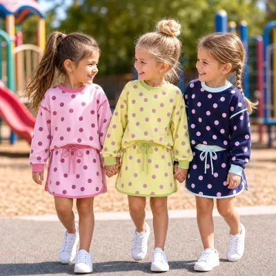 Wholesale Bulk Kids Wear Polka Dot Clothing Set Long Sleeve Sweatshirt Drawstring Skort Daily Casual Outdoor Girls Outfit