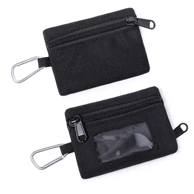 Custom Men Women's Waterproof Portable Coin Purse Card Holder Made Polyester Fabric Carabiner Zipper Closure for Outdoor Use